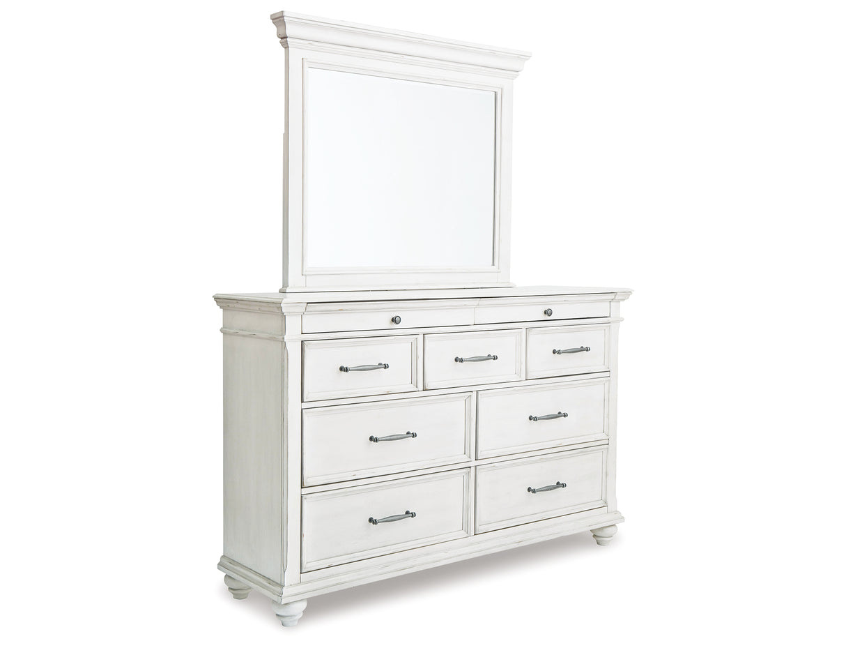 Kanwyn King Panel Bed with Mirrored Dresser and Chest in Whitewash from Ashley - Luna Furniture