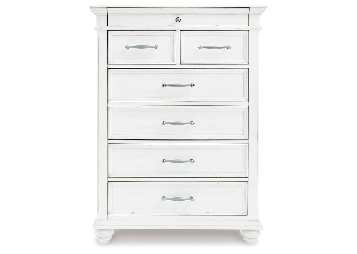 Kanwyn California King Panel Bed with Mirrored Dresser and Chest in Whitewash from Ashley Furniture - Luna Furniture