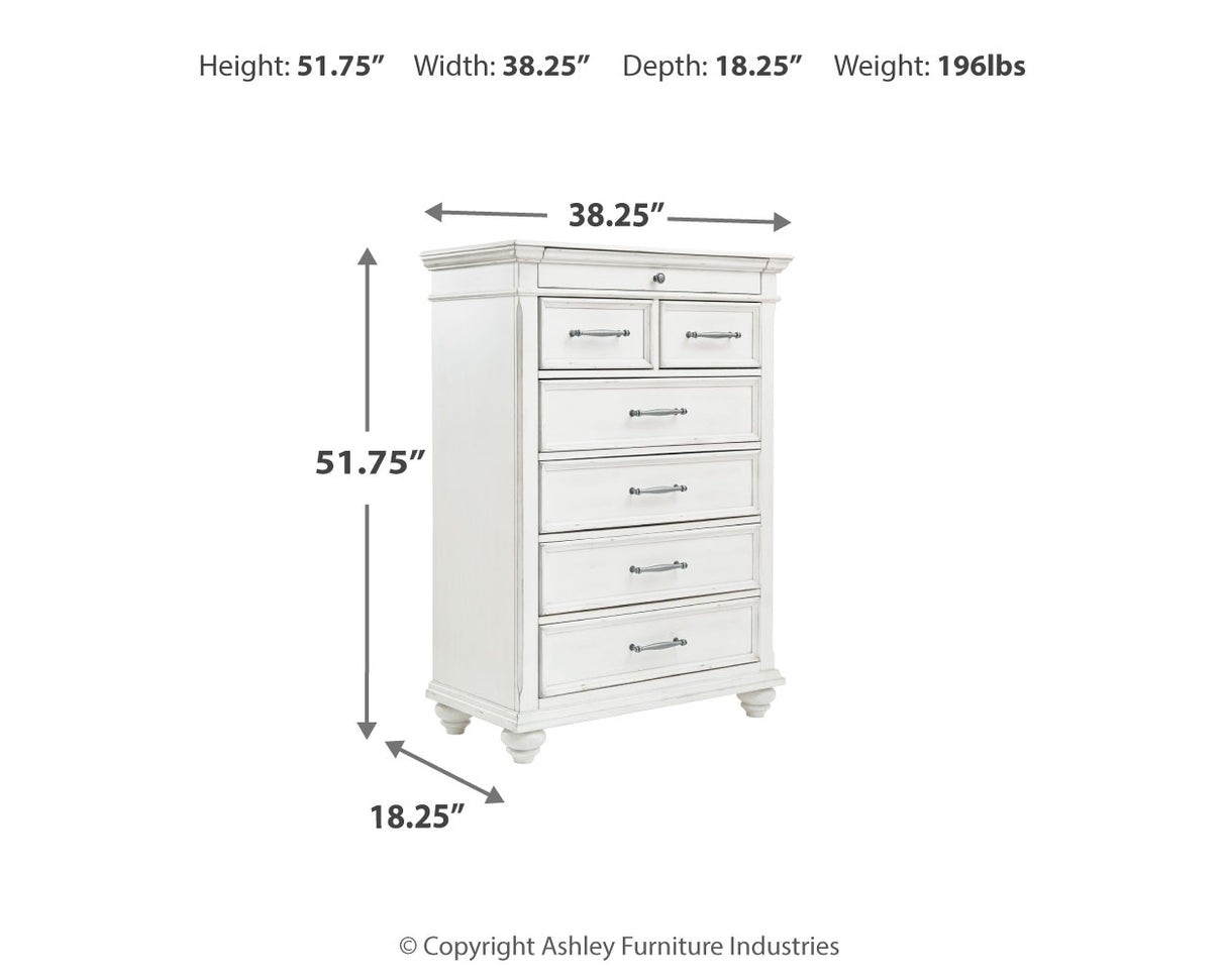 Kanwyn King Panel Bed with Mirrored Dresser, Chest and 2 Nightstands in Whitewash from Ashley Furniture - Luna Furniture
