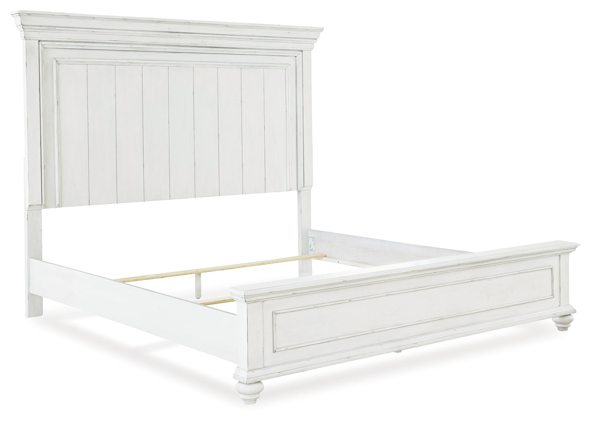 Kanwyn King Panel Bed with Mirrored Dresser, Chest and 2 Nightstands in Whitewash from Ashley Furniture - Luna Furniture