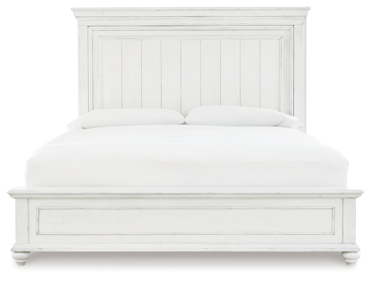 Kanwyn King Panel Bed with Mirrored Dresser and 2 Nightstands in Whitewash from Ashley - Luna Furniture