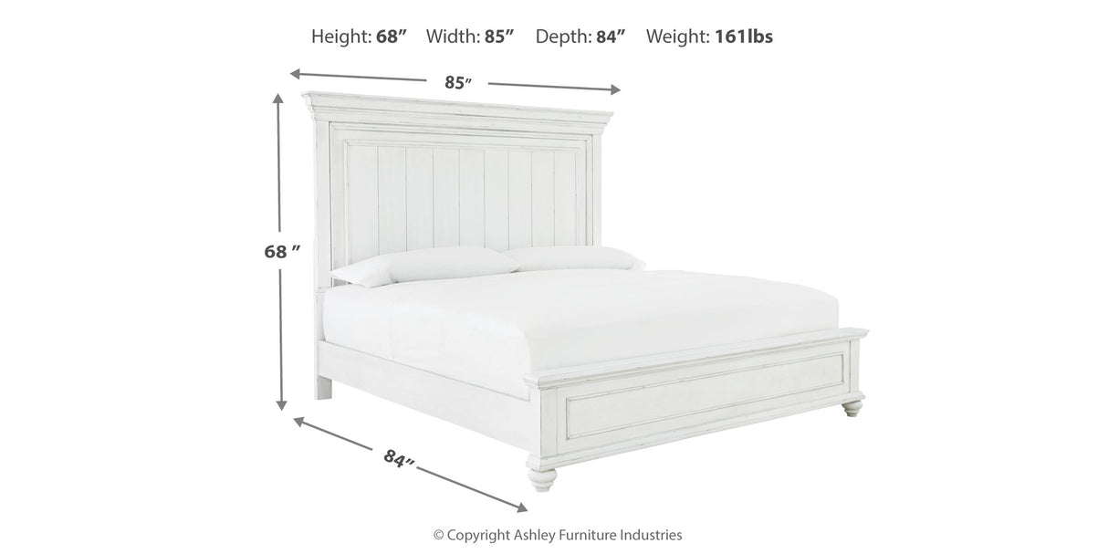Kanwyn King Panel Bed with Mirrored Dresser, Chest and 2 Nightstands in Whitewash from Ashley Furniture - Luna Furniture