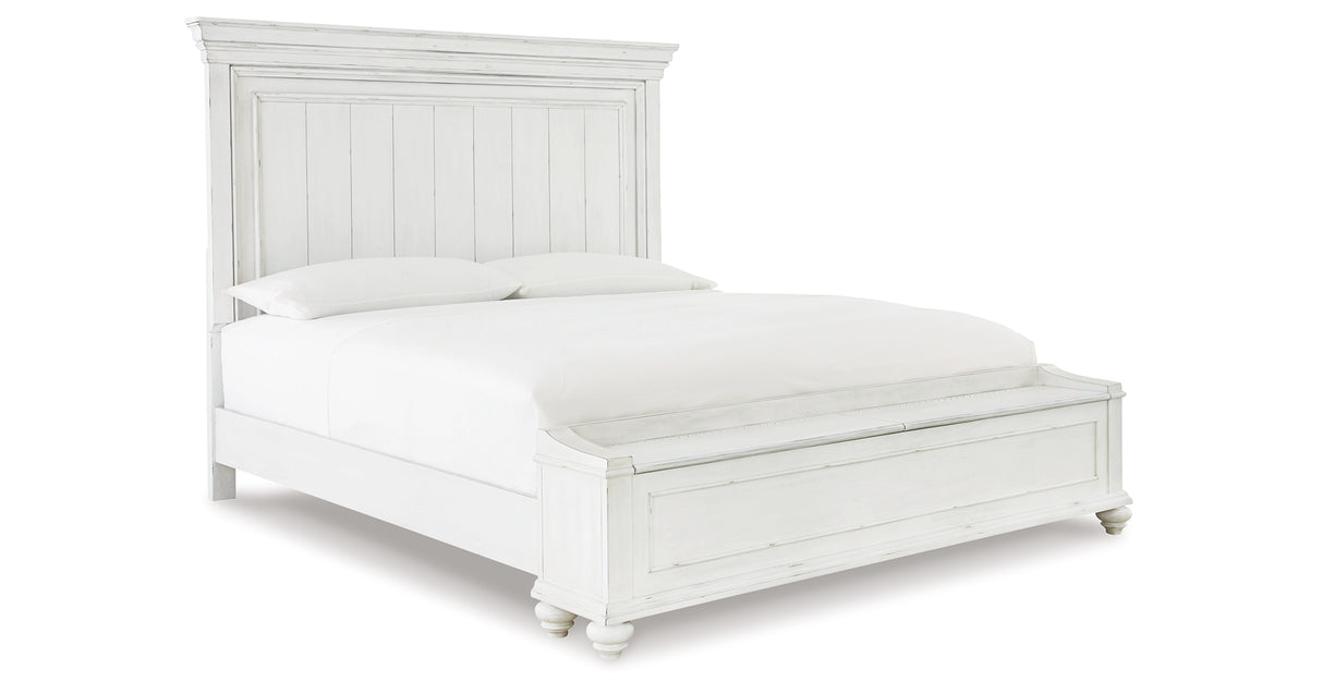 Kanwyn Queen Panel Bed with Storage with Mirrored Dresser and Chest in Whitewash from Ashley Furniture - Luna Furniture