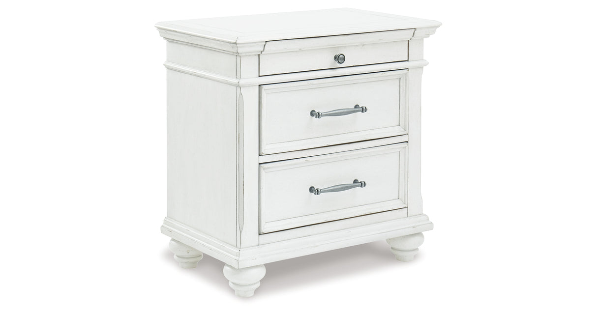 Kanwyn Queen Panel Bed with Mirrored Dresser and 2 Nightstands in Whitewash from Ashley Furniture - Luna Furniture