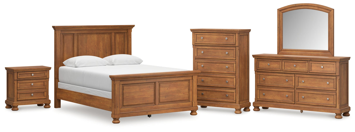 Feddinger Queen Panel Bed with Mirrored Dresser, Chest and Nightstand in Medium Brown from Ashley Furniture - Luna Furniture