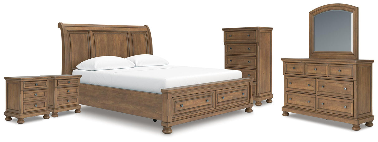 Feddinger Medium Brown California King Storage Sleigh Bed, Dresser, Mirror, Chest and 2 Nightstands