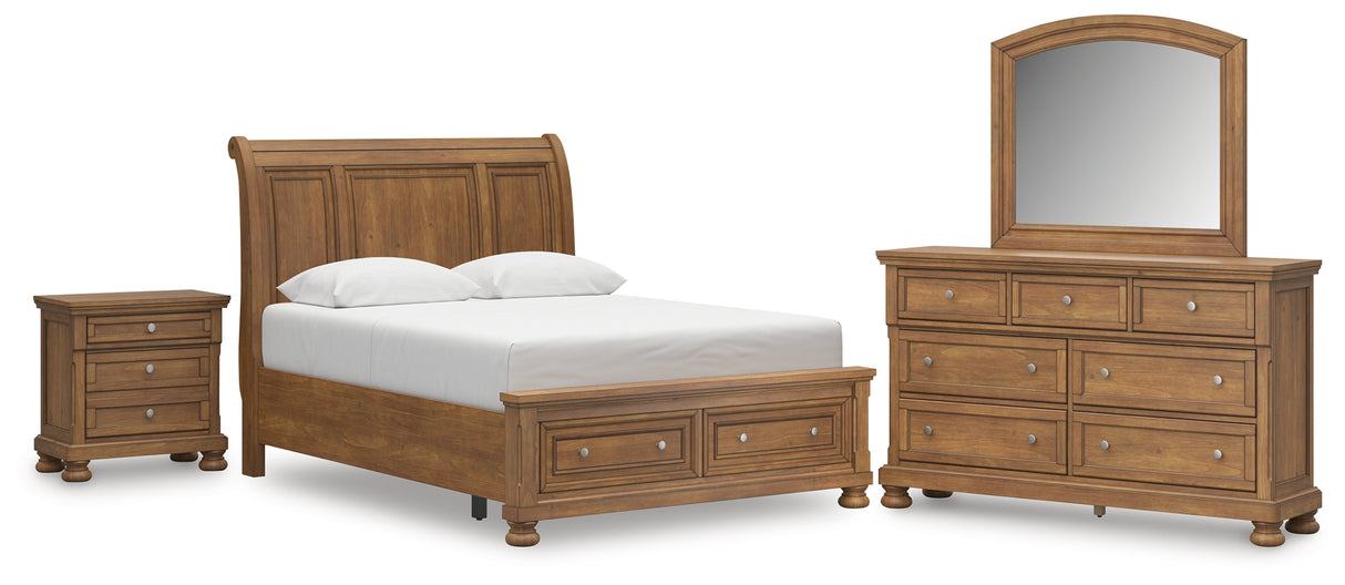 Feddinger Queen Storage Sleigh Bed with Mirrored Dresser and Nightstand in Medium Brown from Ashley Furniture - Luna Furniture