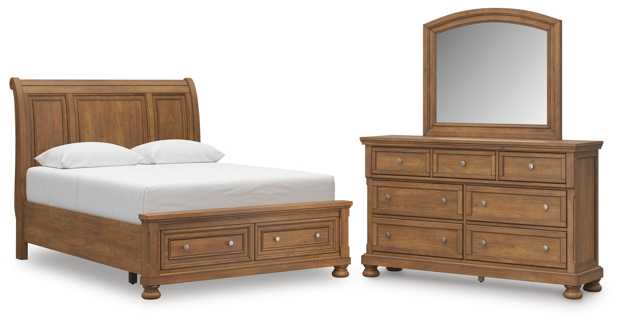 Feddinger Queen Storage Sleigh Bed with Mirrored Dresser in Medium Brown from Ashley Furniture - Luna Furniture
