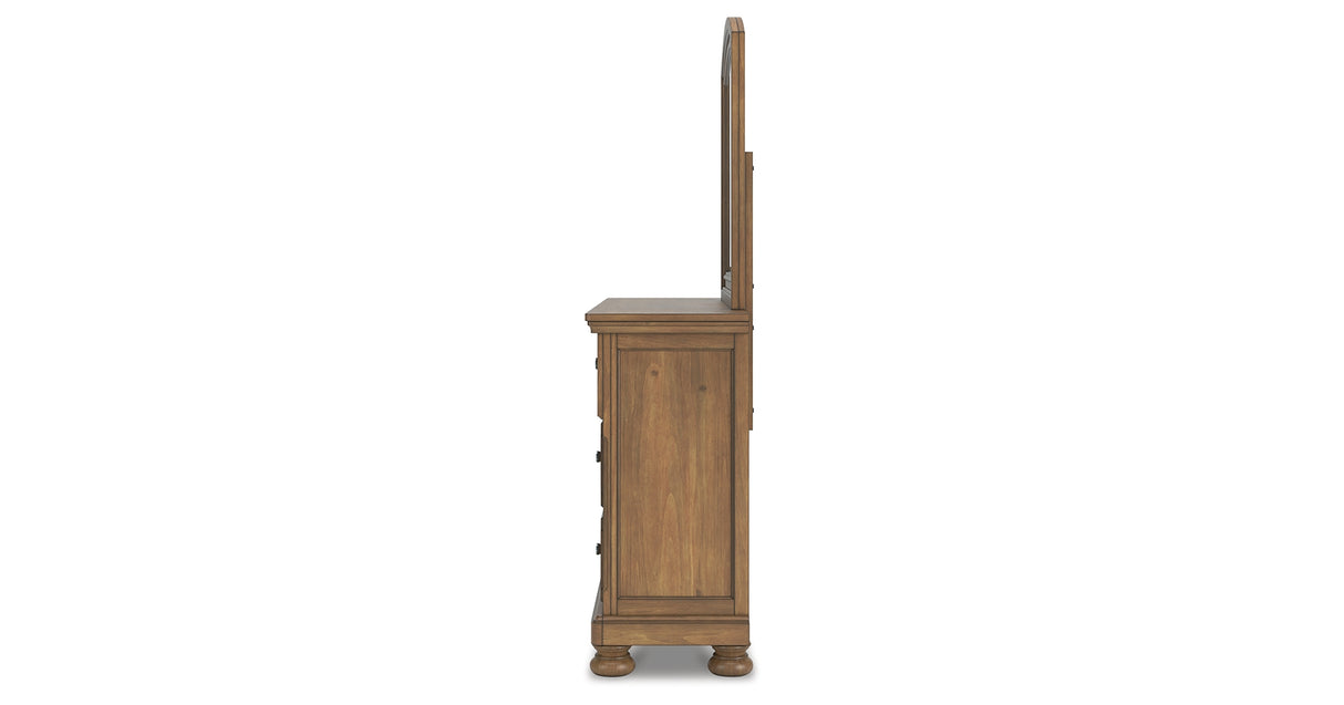 Feddinger Queen Panel Bed with Mirrored Dresser, Chest and Nightstand in Medium Brown from Ashley Furniture - Luna Furniture