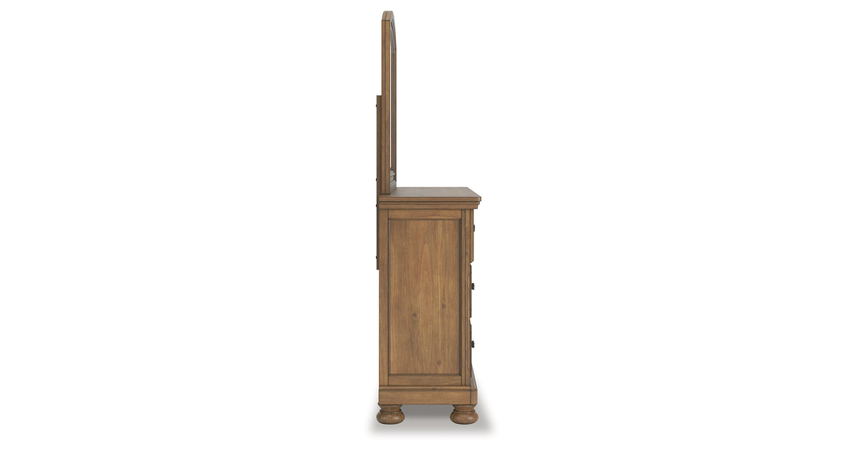 Feddinger California King Panel Bed with Mirrored Dresser and Chest in Medium Brown from Ashley Furniture - Luna Furniture