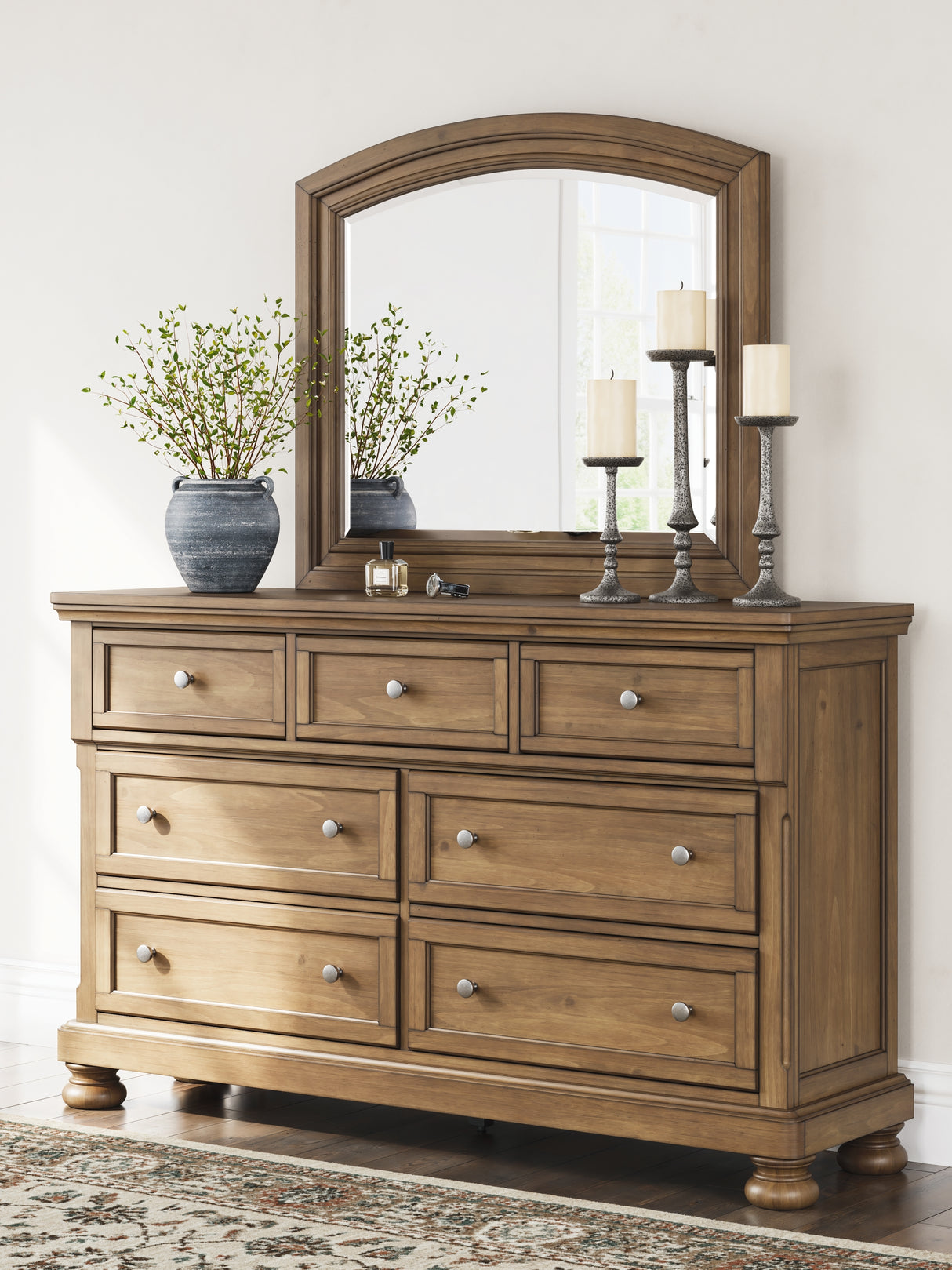 Feddinger Chestnut Queen Panel Bed, Dresser, Mirror, Chest and 2 Nightstands from Ashley - Luna Furniture