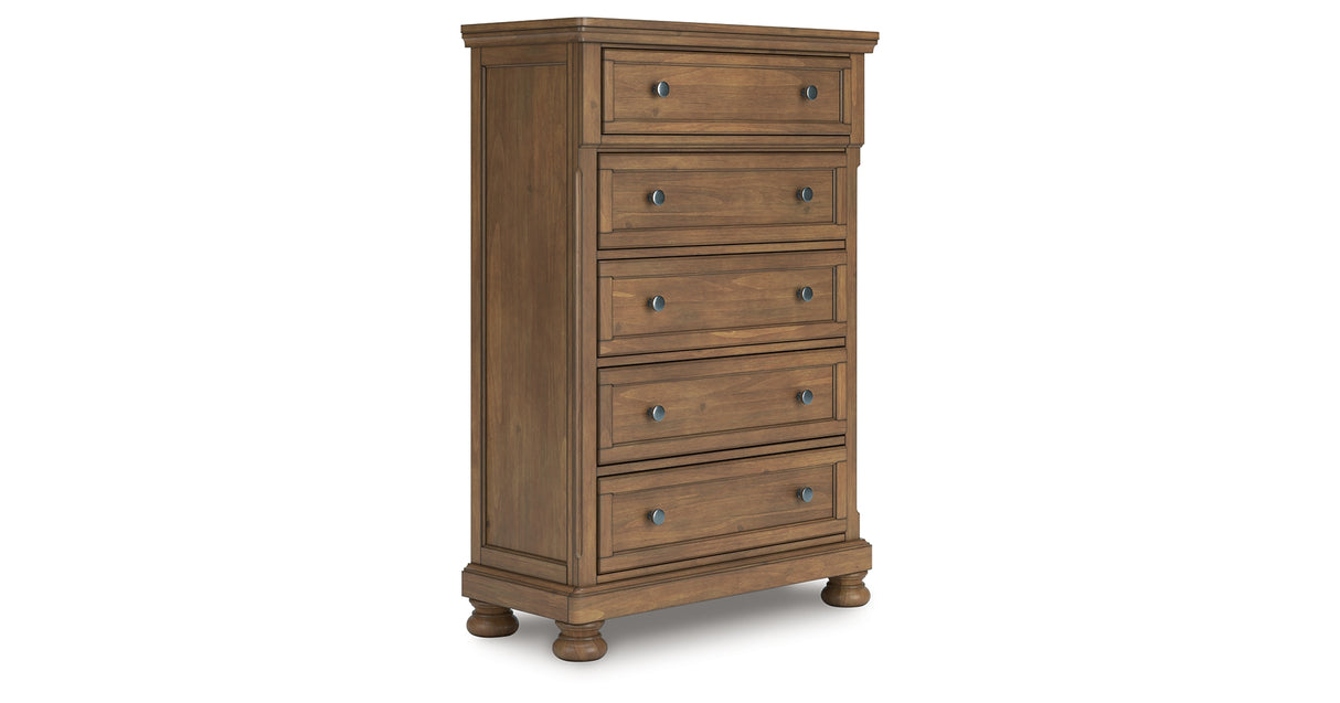Feddinger Queen Panel Bed with Mirrored Dresser and Chest in Medium Brown from Ashley - Luna Furniture