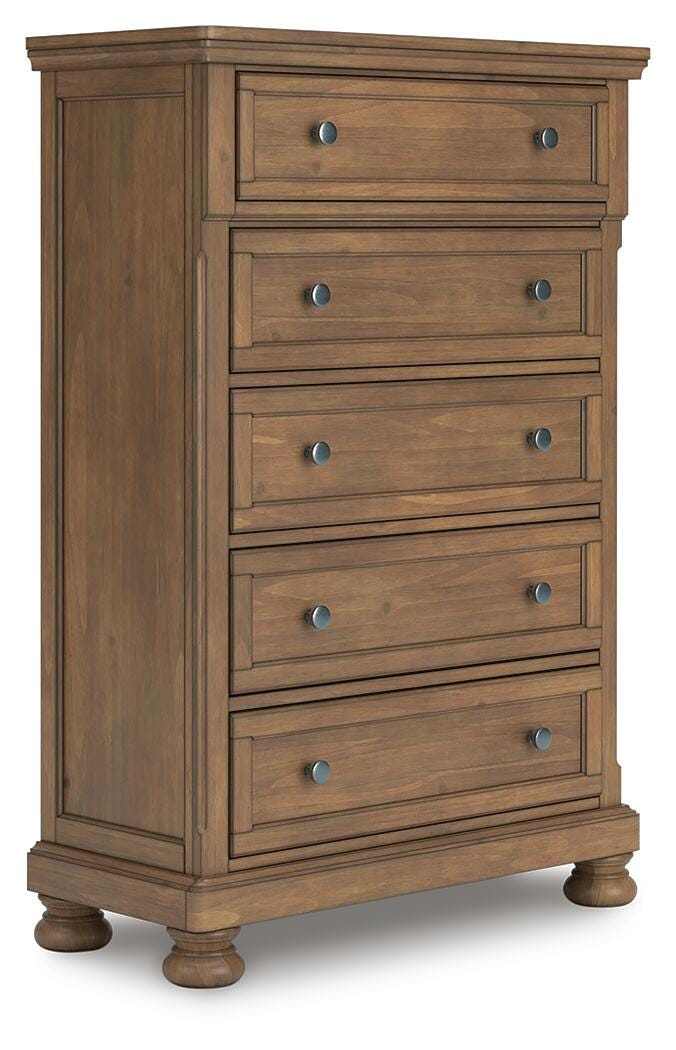 Feddinger Chestnut Queen Panel Bed, Dresser, Mirror, Chest and 2 Nightstands from Ashley - Luna Furniture