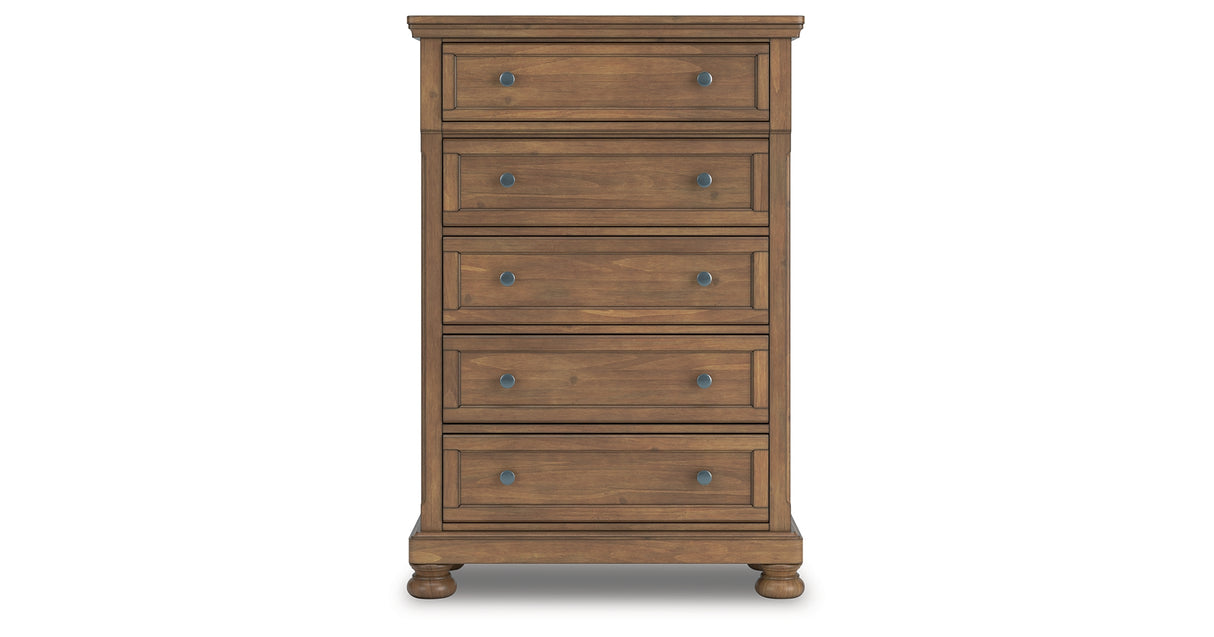 Feddinger Queen Panel Bed with Mirrored Dresser, Chest and Nightstand in Medium Brown from Ashley Furniture - Luna Furniture