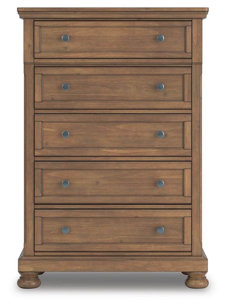 Feddinger Chestnut Queen Panel Bed, Dresser, Mirror, Chest and 2 Nightstands from Ashley - Luna Furniture