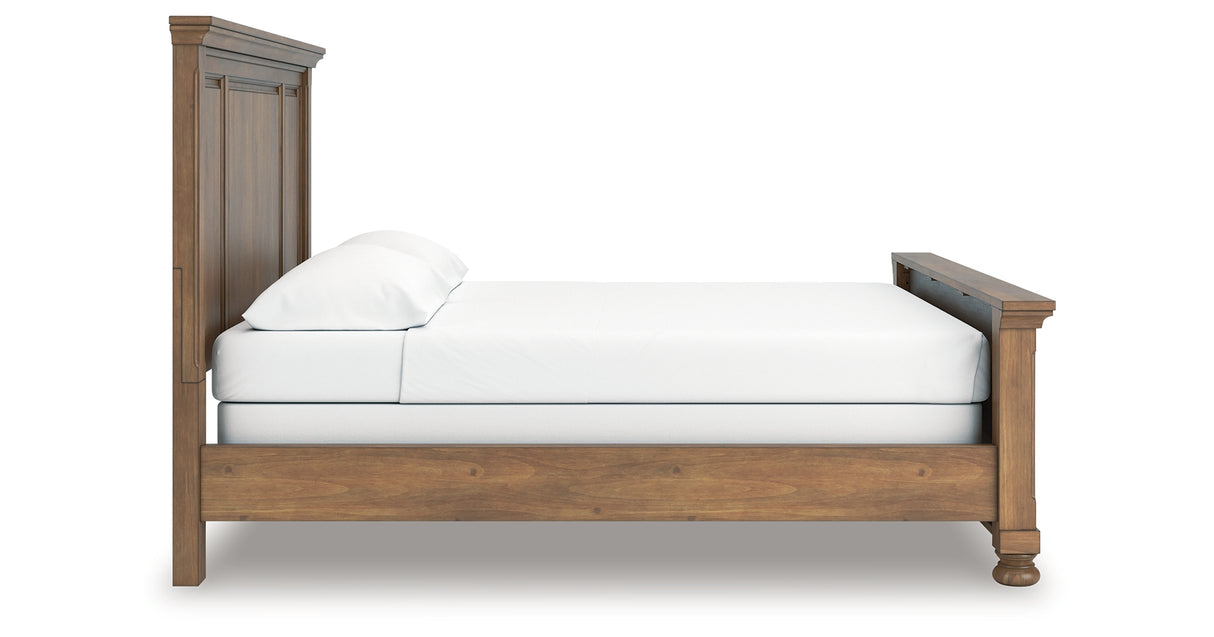 Feddinger California King Panel Bed with Mirrored Dresser and 2 Nightstands in Medium Brown from Ashley Furniture - Luna Furniture