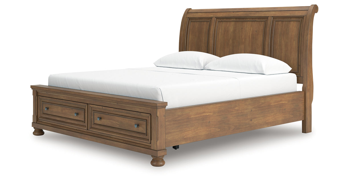 Feddinger California King Storage Sleigh Bed with Mirrored Dresser in Medium Brown from Ashley Furniture - Luna Furniture