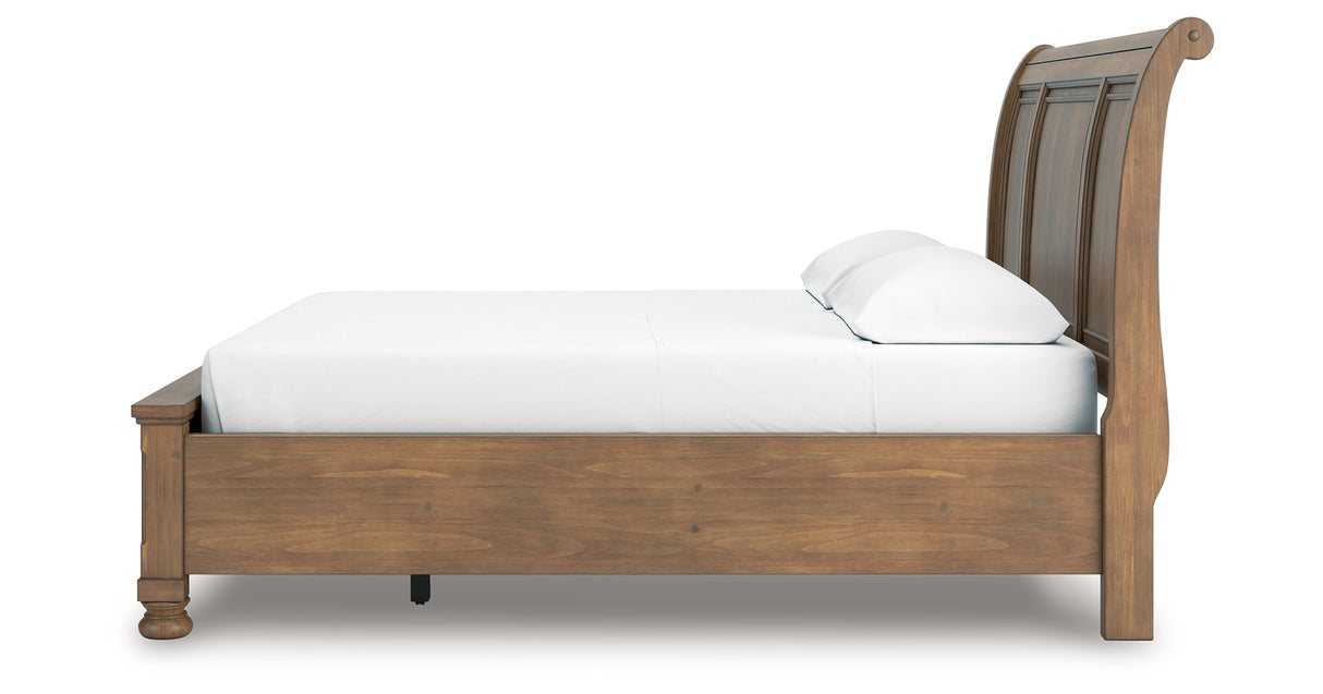 Feddinger California King Storage Sleigh Bed with Mirrored Dresser in Medium Brown from Ashley Furniture - Luna Furniture