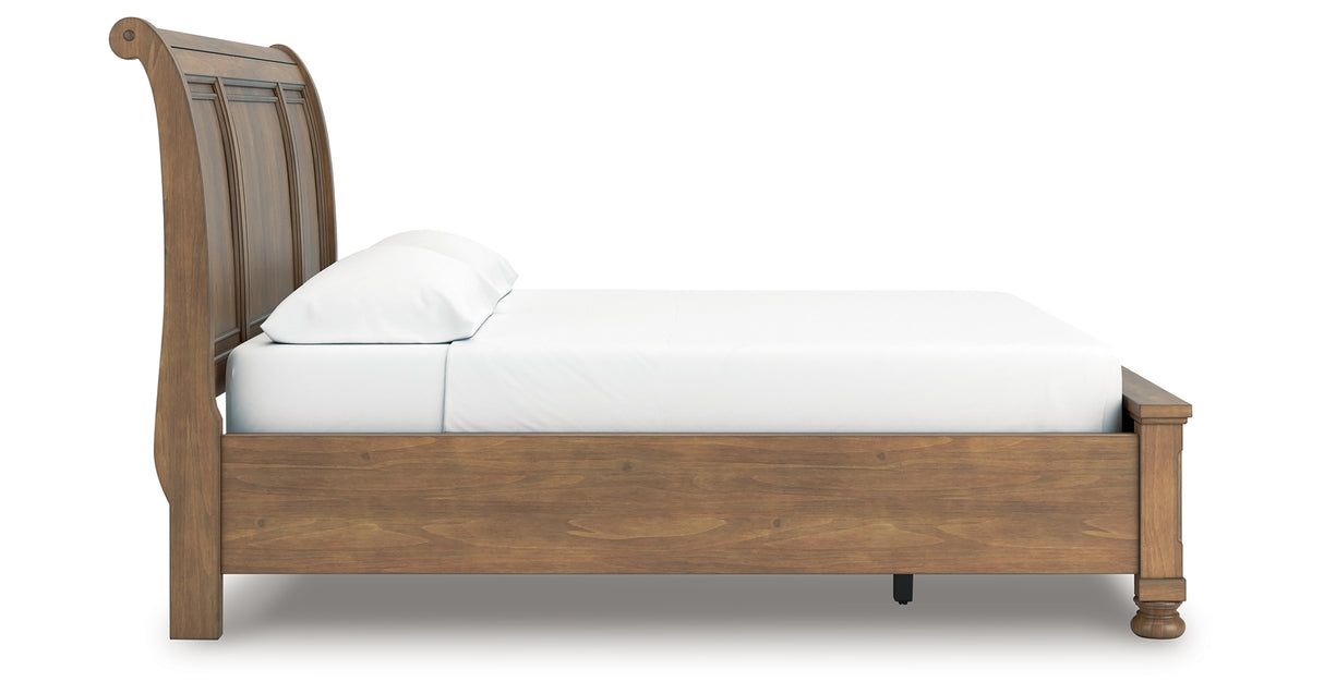Feddinger California King Storage Sleigh Bed with Mirrored Dresser, Chest and Nightstand in Medium Brown from Ashley Furniture - Luna Furniture
