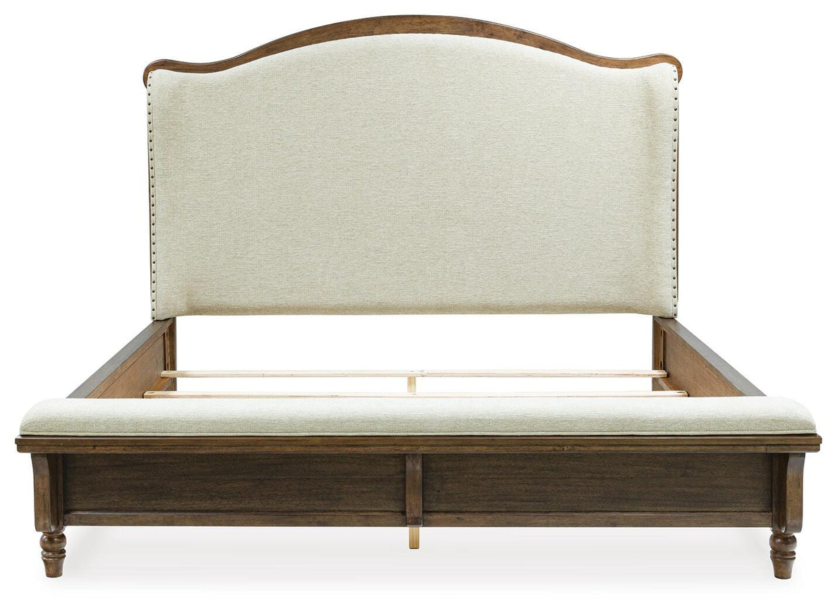 Sturlayne Brown Queen Upholstered Panel Bed, Dresser and Mirror from Ashley - Luna Furniture