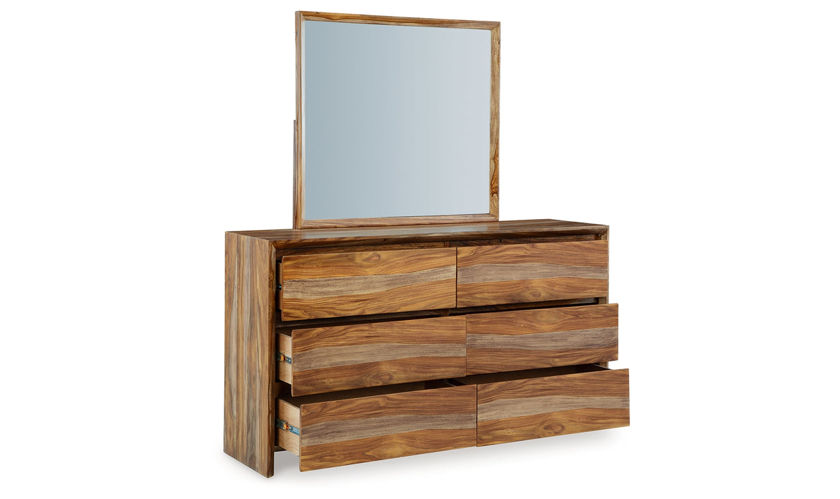 Dressonni Brown California King Panel Bed with Mirrored Dresser from Ashley Furniture - Luna Furniture