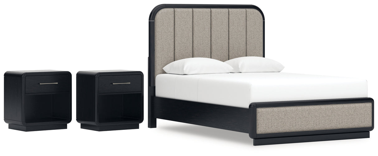 Rowanbeck Gray/Black Queen Upholstered Panel Bed with 2 Nightstands from Ashley - Luna Furniture
