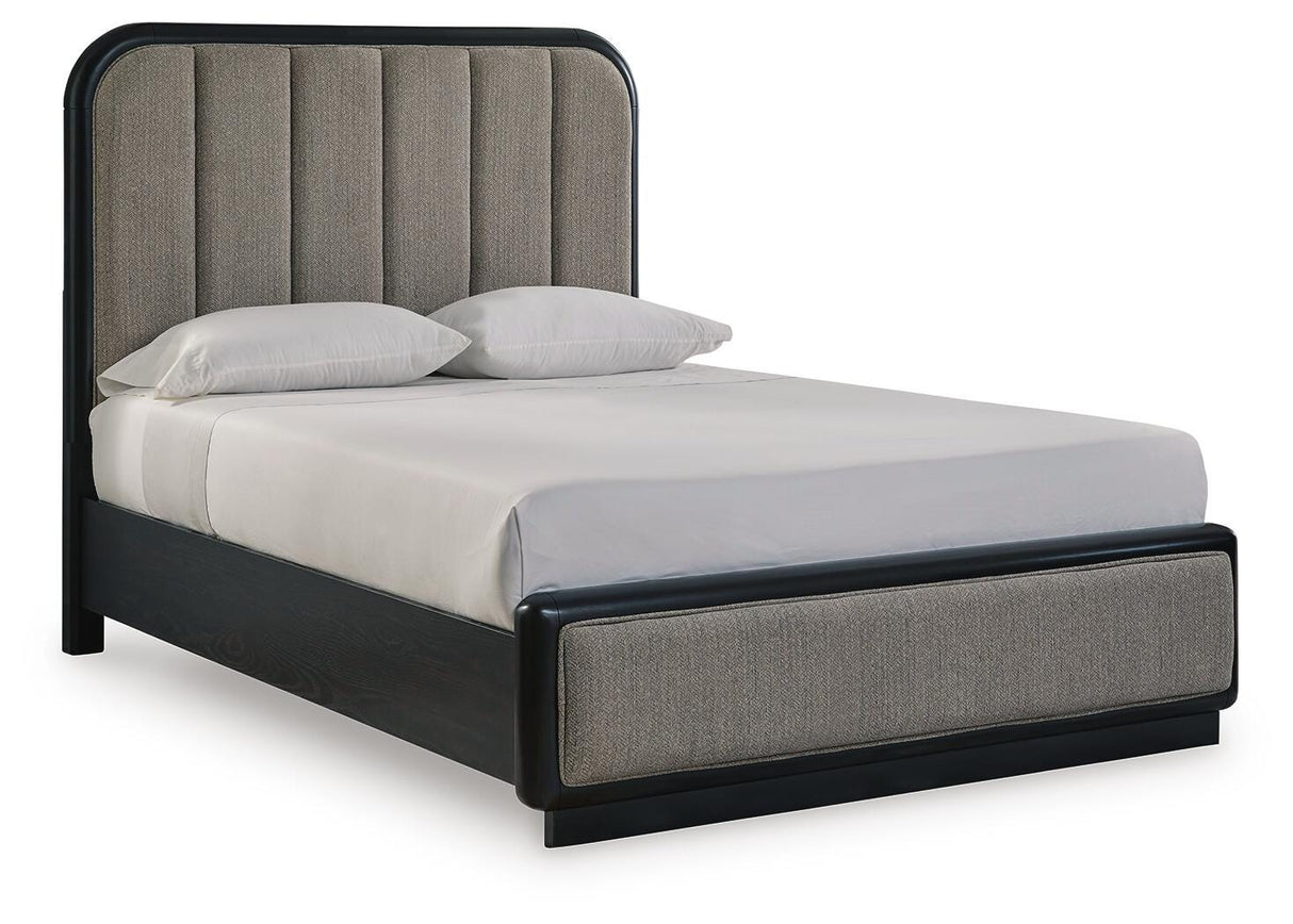 Rowanbeck Gray/Black Queen Upholstered Panel Bed with Mirrored Dresser from Ashley Furniture - Luna Furniture