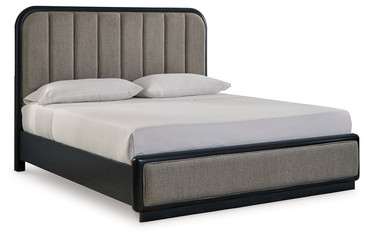 Rowanbeck King Upholstered Panel Bed with Mirrored Dresser from Ashley Furniture - Luna Furniture