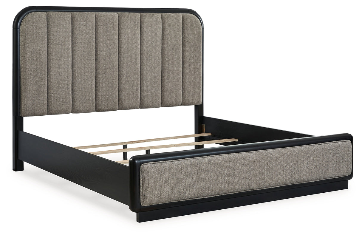 Rowanbeck Gray/Black California King Upholstered Panel Bed with Mirrored Dresser from Ashley Furniture - Luna Furniture