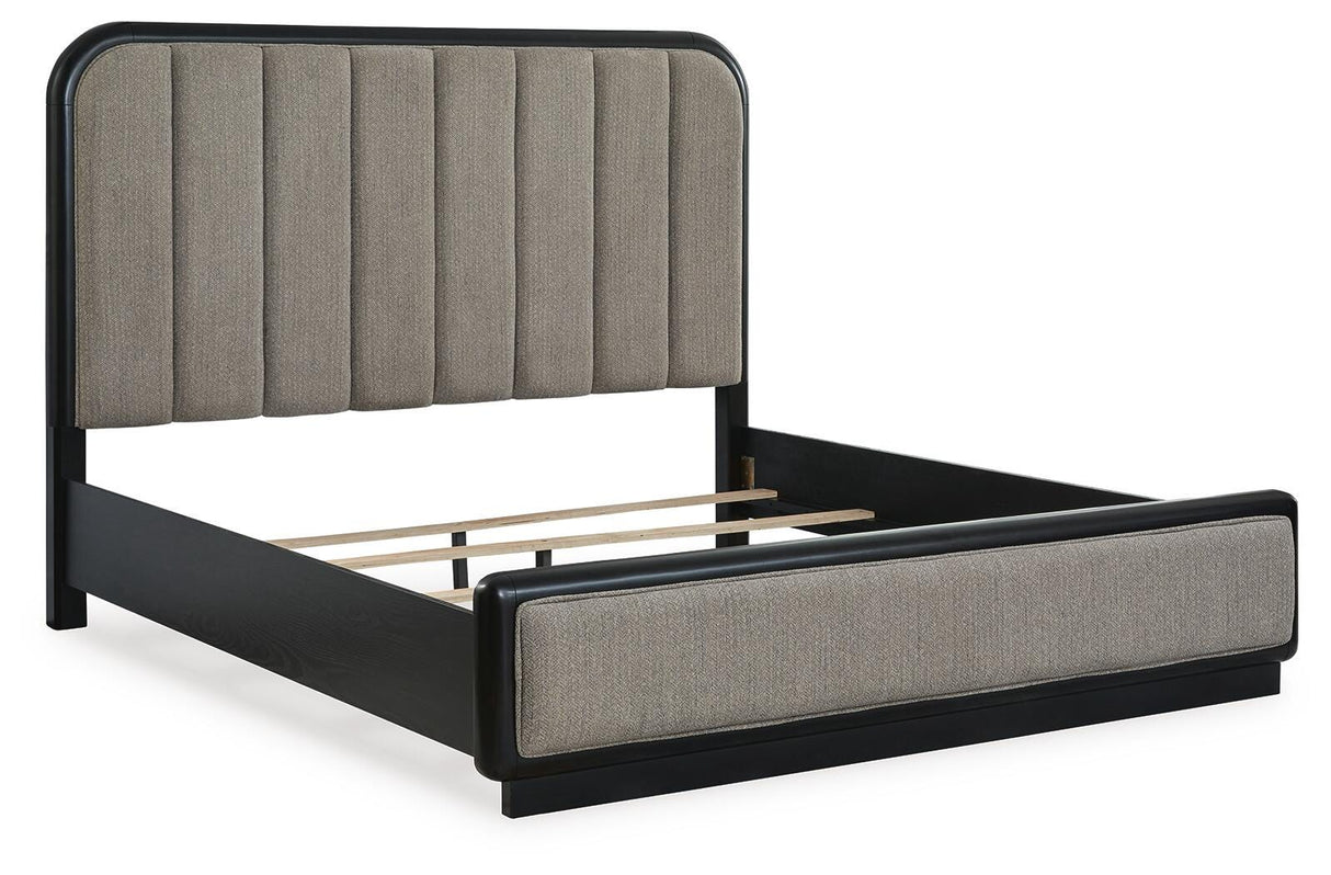 Rowanbeck King Upholstered Panel Bed with Mirrored Dresser from Ashley Furniture - Luna Furniture