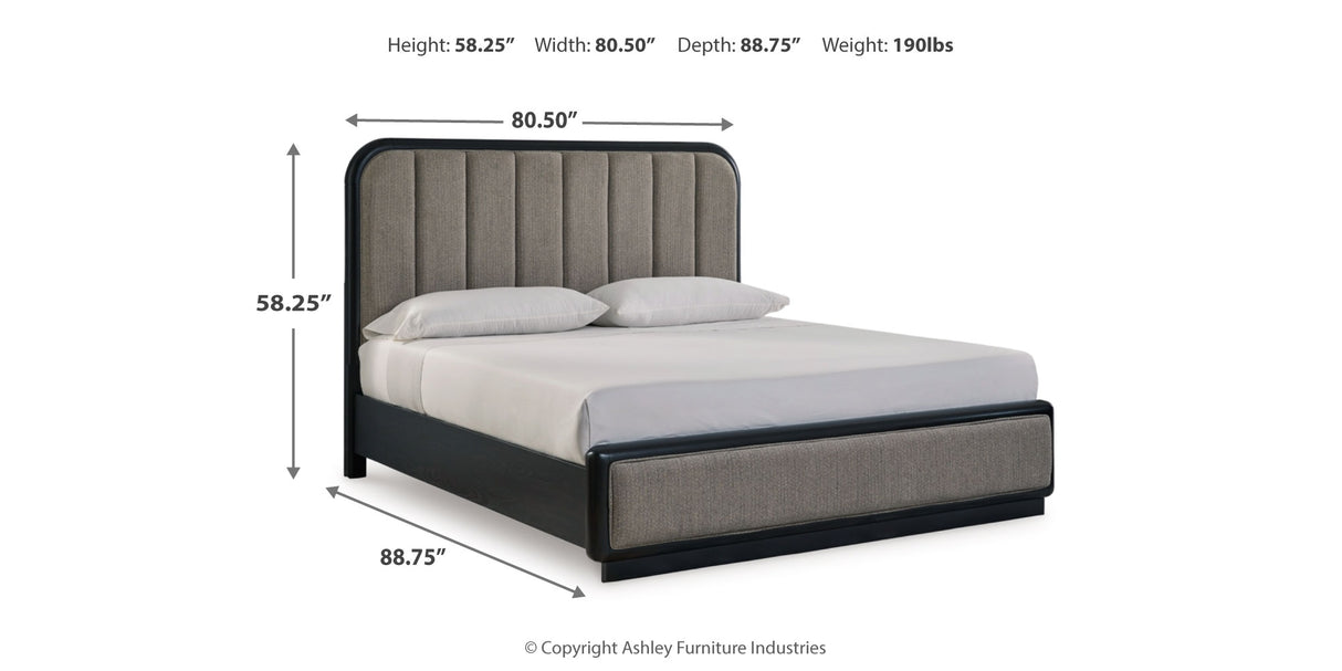 Rowanbeck King Upholstered Panel Bed with Dresser and 2 Nightstands in Gray/Black from Ashley Furniture - Luna Furniture
