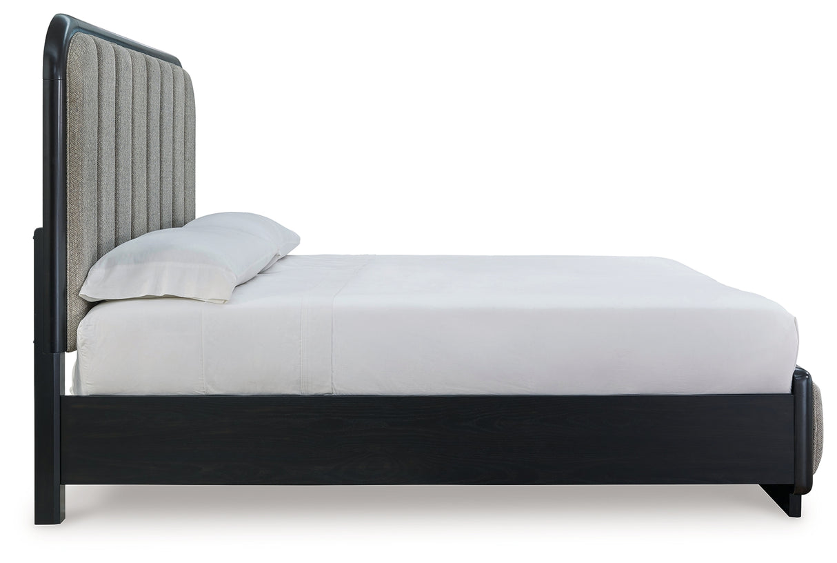 Rowanbeck Gray/Black California King Upholstered Panel Bed with Mirrored Dresser from Ashley Furniture - Luna Furniture