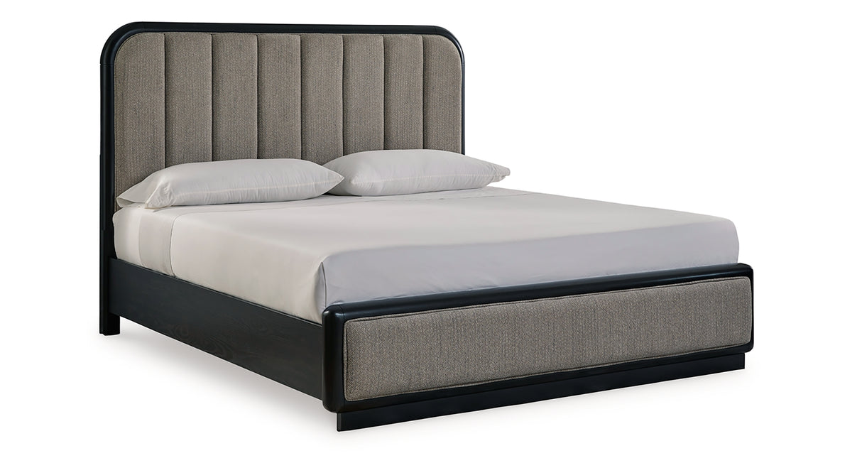 Rowanbeck California King Upholstered Panel Bed with Mirrored Dresser and Nightstand in Gray/Black from Ashley Furniture - Luna Furniture