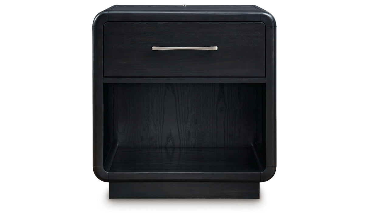 Rowanbeck Gray/Black Queen Upholstered Panel Bed with 2 Nightstands from Ashley - Luna Furniture
