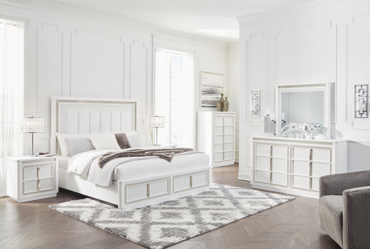 Chalanna White Queen Upholstered Storage Bed with Mirrored Dresser from Ashley Furniture - Luna Furniture