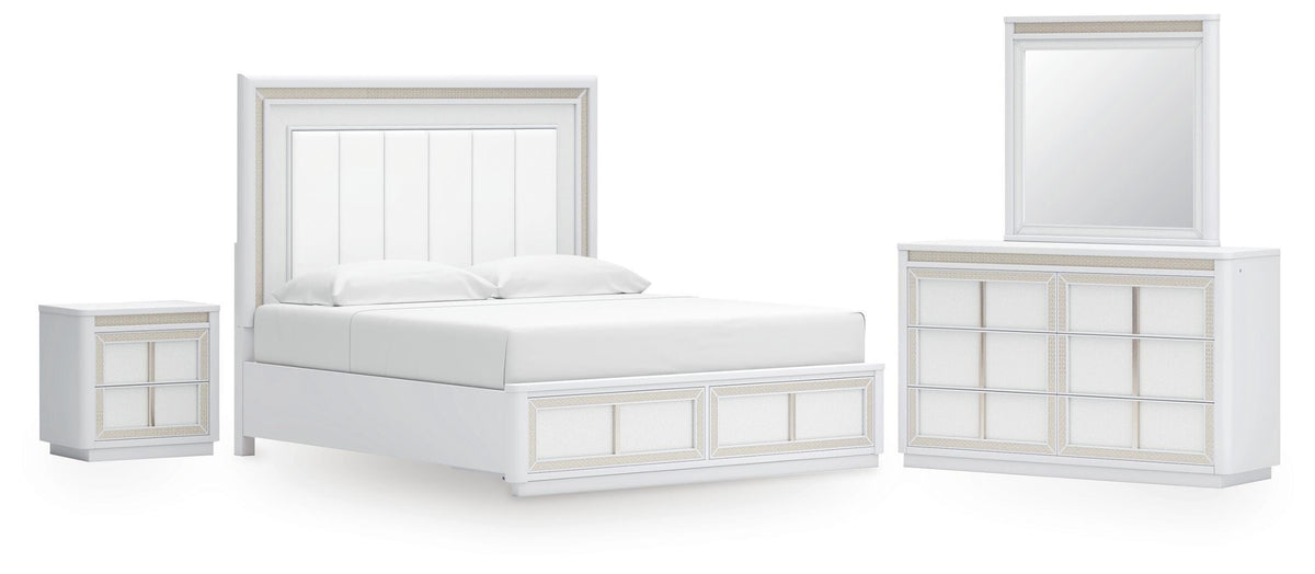Chalanna California King Upholstered Storage Bed with Mirrored Dresser in White from Ashley - Luna Furniture