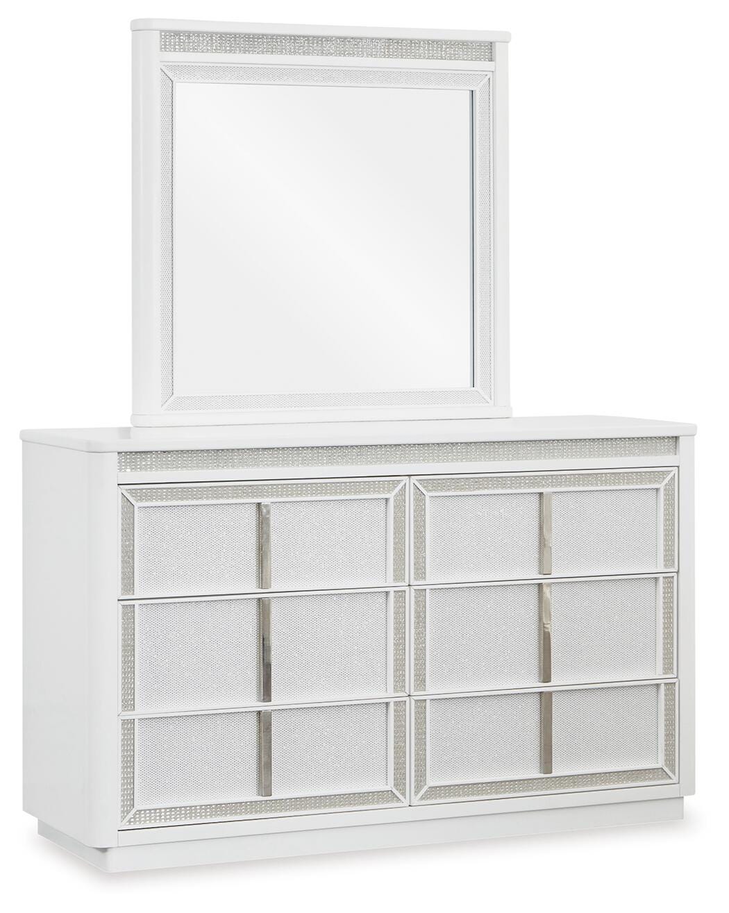 Chalanna White Queen Upholstered Storage Bed with Mirrored Dresser from Ashley Furniture - Luna Furniture