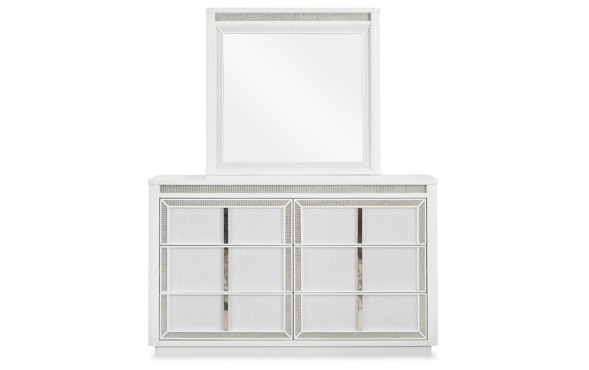Chalanna King Upholstered Storage Bed with Mirrored Dresser in White from Ashley Furniture - Luna Furniture