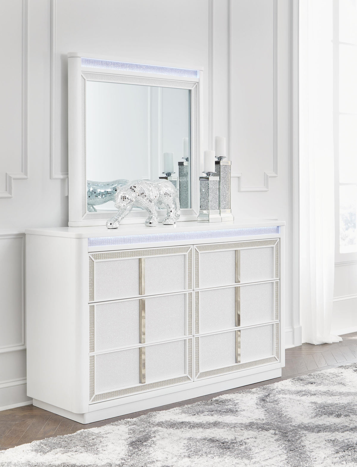 Chalanna California King Upholstered Storage Bed with Mirrored Dresser in White from Ashley - Luna Furniture