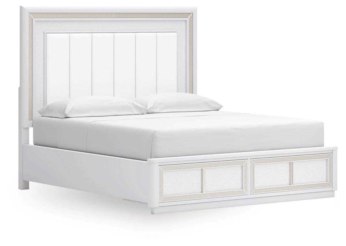 Chalanna California King Upholstered Storage Bed with Mirrored Dresser in White from Ashley - Luna Furniture