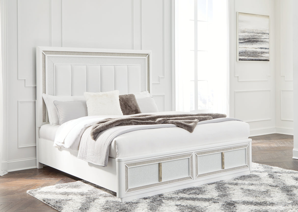 Chalanna White Queen Upholstered Storage Bed with Mirrored Dresser from Ashley Furniture - Luna Furniture