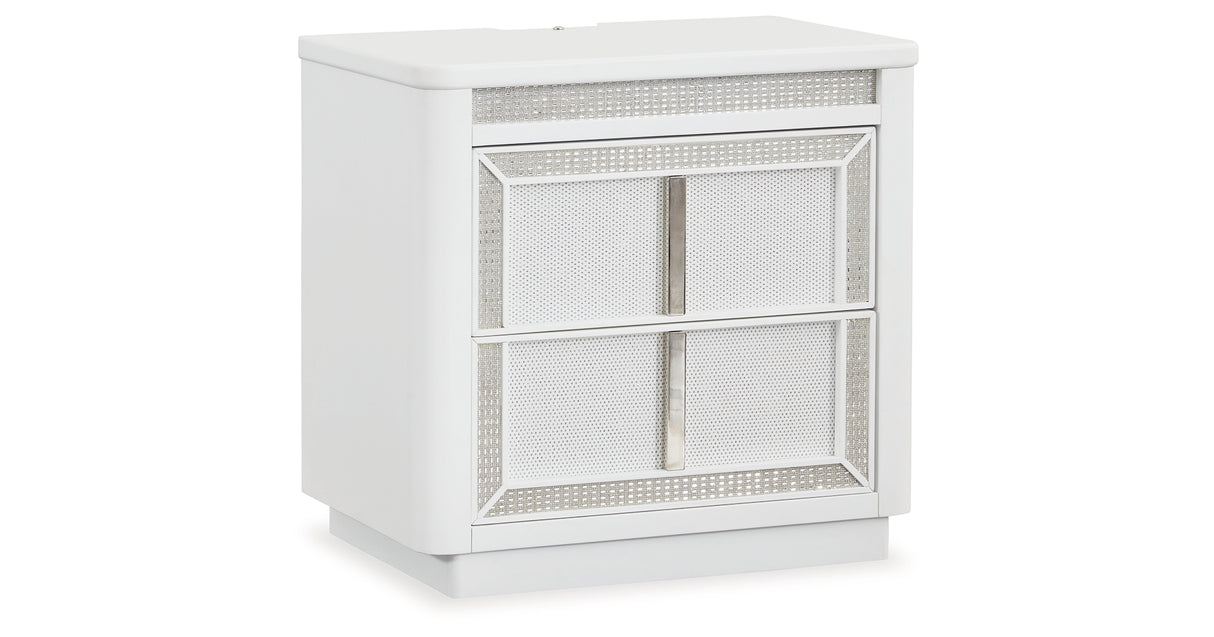 Chalanna California King Upholstered Storage Bed with Mirrored Dresser and Nightstand in White from Ashley Furniture - Luna Furniture