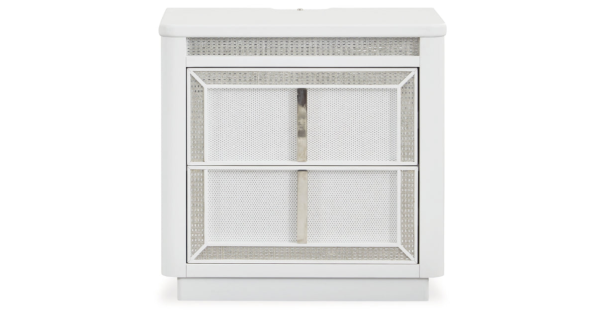 Chalanna King Upholstered Storage Bed with Mirrored Dresser, Chest and 2 Nightstands in White from Ashley Furniture - Luna Furniture