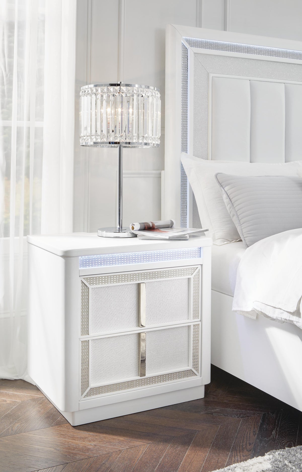 Chalanna California King Upholstered Storage Bed with Mirrored Dresser in White from Ashley - Luna Furniture