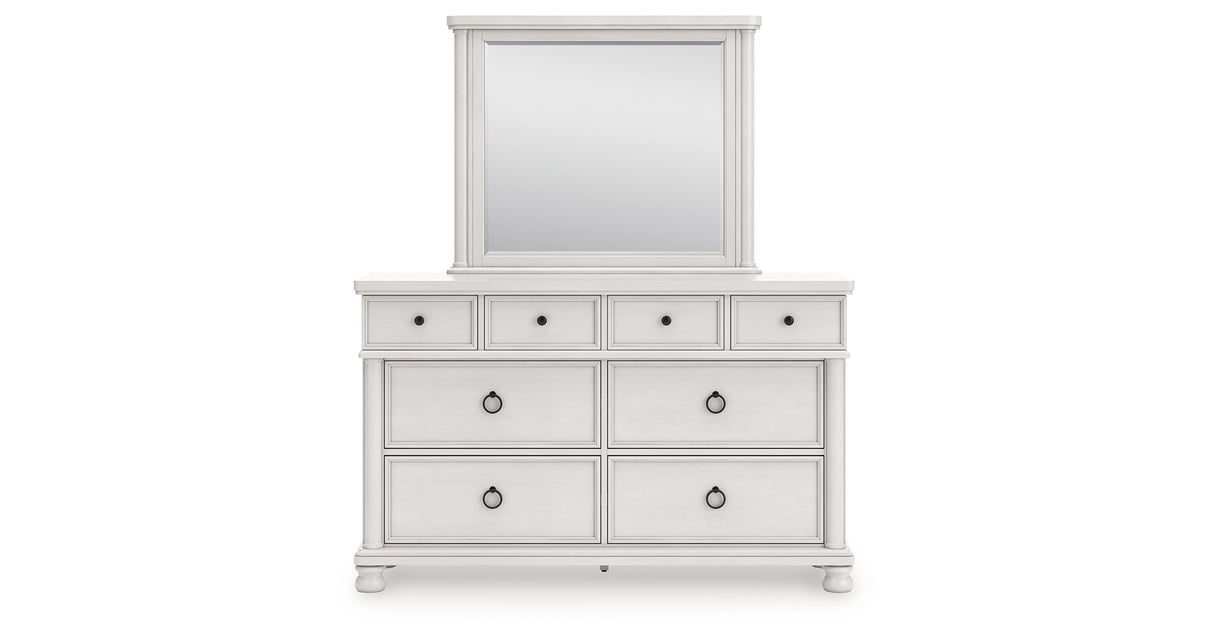 Rowlenstown California King Poster Bed with Mirrored Dresser and Nightstand in Antique White from Ashley - Luna Furniture