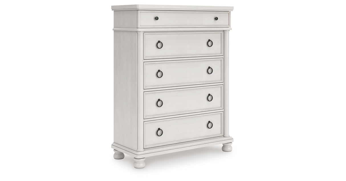 Rowlenstown California King Poster Bed with Dresser and Chest in Antique White from Ashley - Luna Furniture