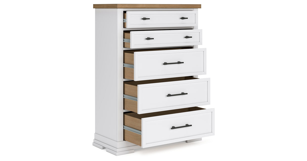 Ashbryn King Panel Storage Bed with Mirrored Dresser, Chest and 2 Nightstands in White/Natural from Ashley Furniture - Luna Furniture