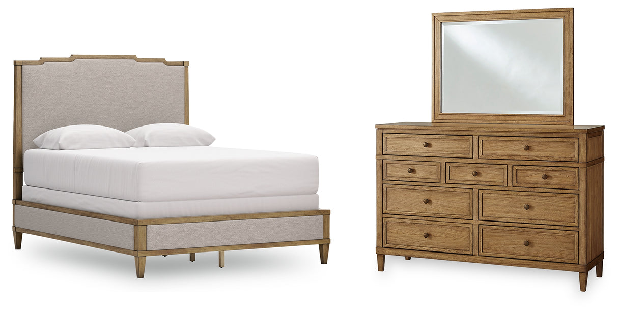 Sharlance Green/Brown Queen Upholstered Panel Bed with Mirrored Dresser from Ashley - Luna Furniture