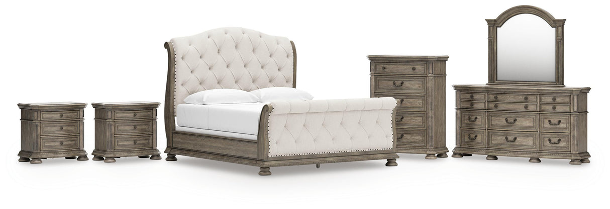 Ardenfield Light Brown King Upholstered Sleigh Bed, Dresser, Mirror, Chest and 2 Nightstands from Ashley - Luna Furniture