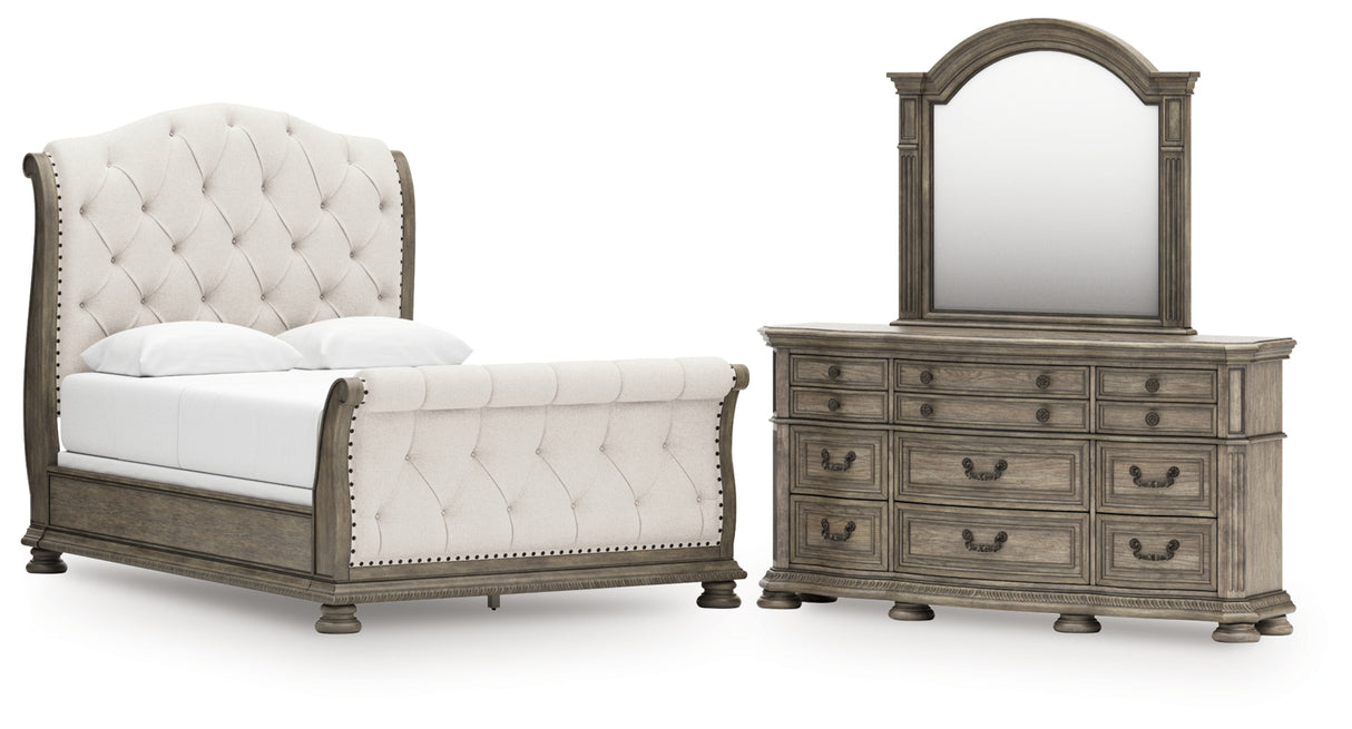 Ardenfield Queen Upholstered Sleigh Bed, Dresser and Mirror from Ashley Furniture - Luna Furniture